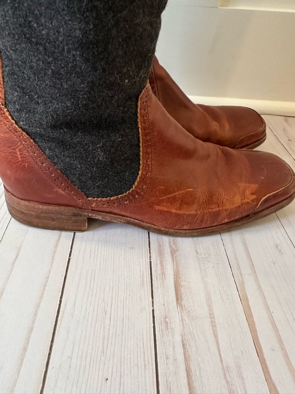 Wolverine Tall, Two-Tone, Brown Leather, and Grey Wool Riding Boots, Women’s 9 - Picture 14 of 14